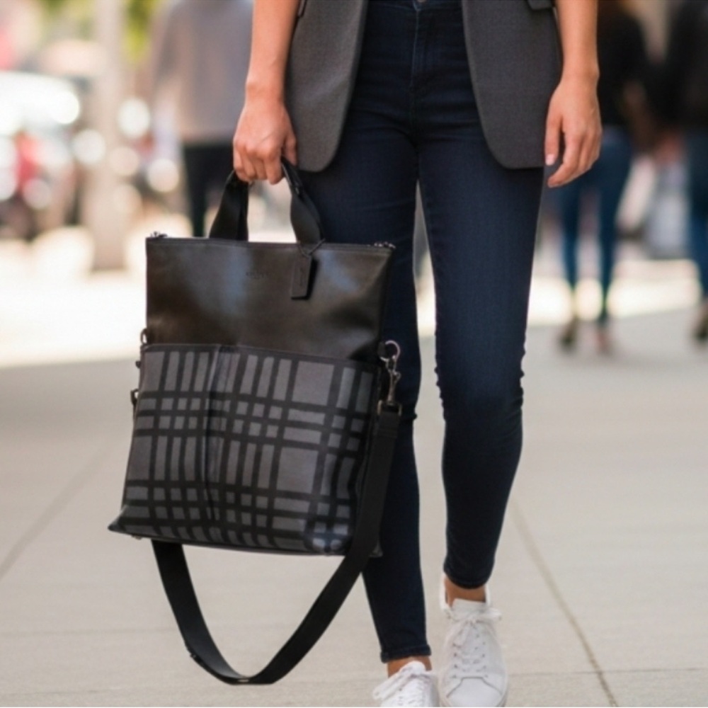 Coach Charles Foldover Tote Black & Grey Plaid